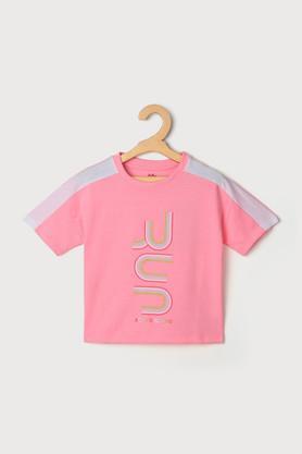 printed blended fabric round neck girls top - pink