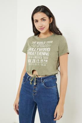 printed blended fabric round neck women's t-shirt - green