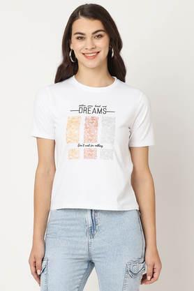 printed blended fabric round neck women's t-shirt - white