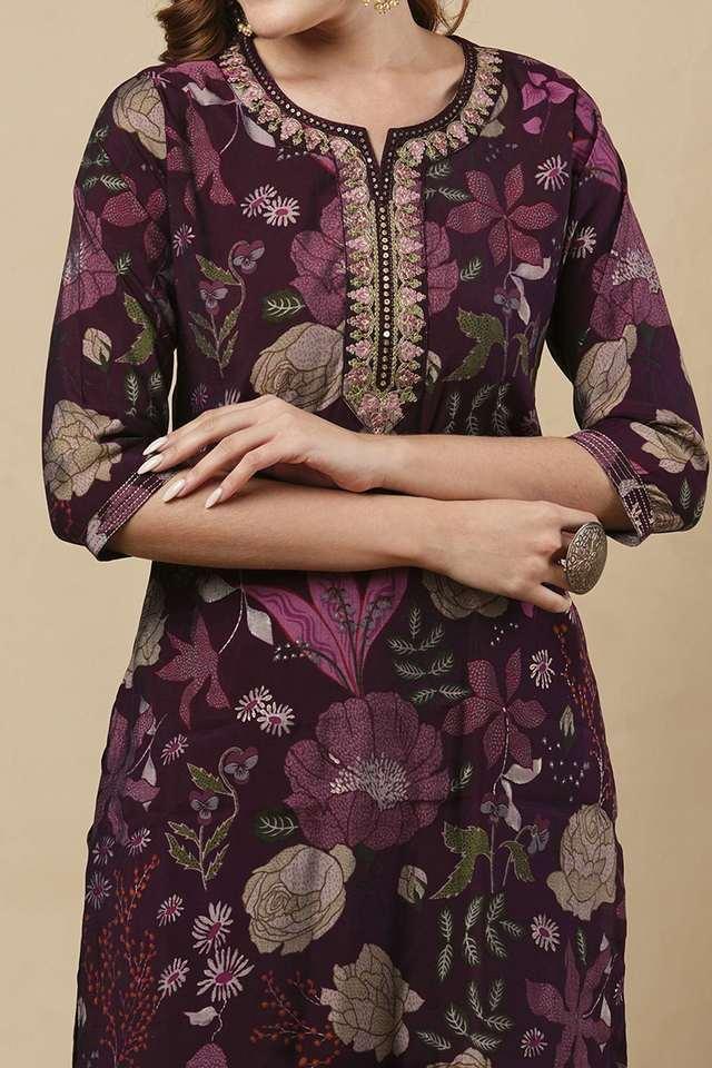 printed blended fabric round neck womens kurta with pant