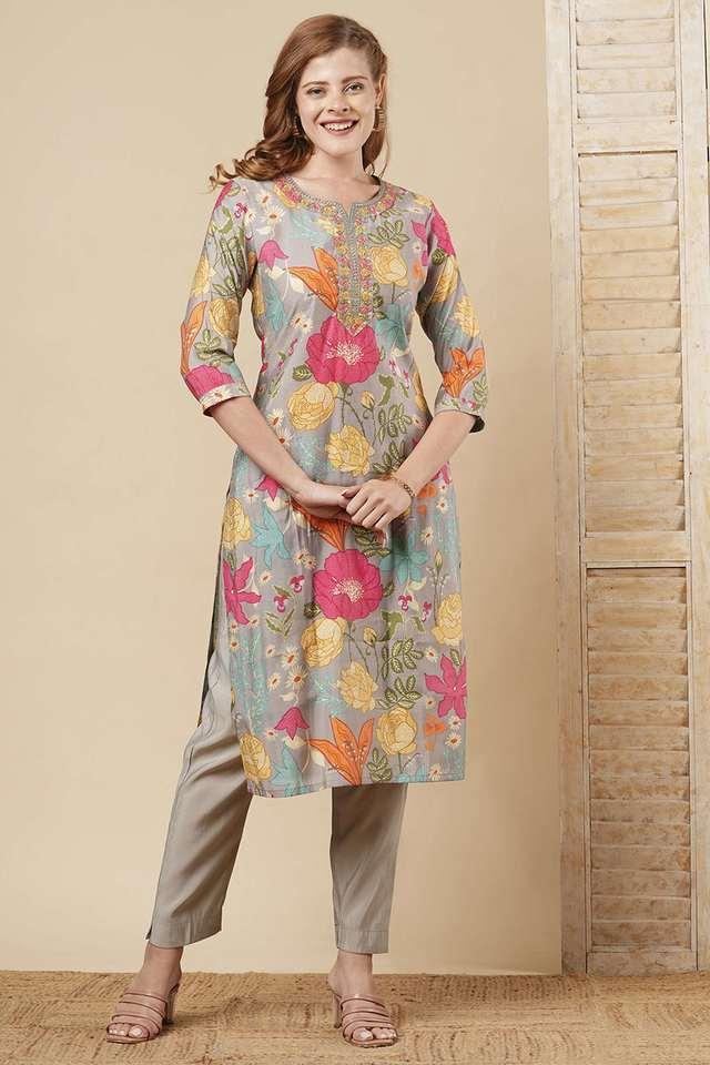 printed blended fabric round neck womens kurta with pant