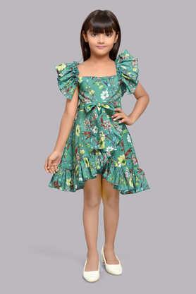 printed blended fabric square neck girls party wear dress - green