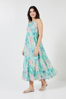 printed blended fabric square neck women's maxi dress - green