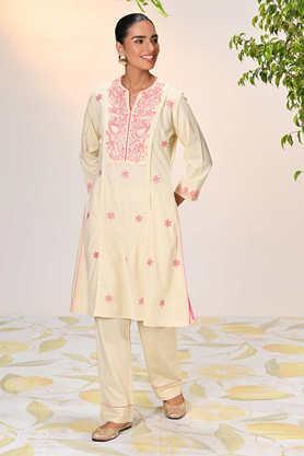 printed blended fabric v-neck women's kurta set - lemon