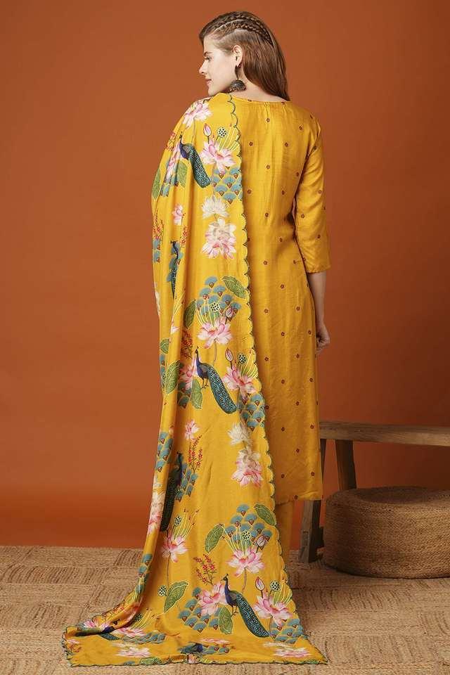 printed blended fabric v-neck womens kurta with pant and dupatta