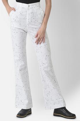 printed blended flared fit women's casual pants - white