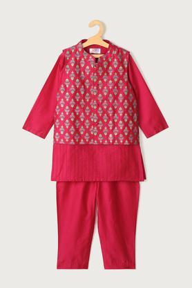 printed blended regular fit boys kurta pyjama jacket set - pink