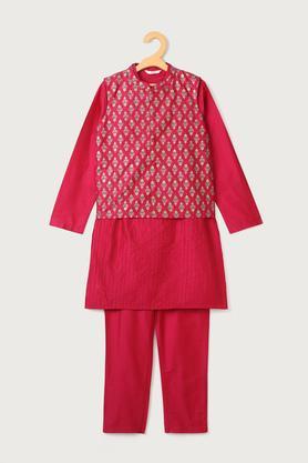 printed blended regular fit boys kurta pyjama jacket set - pink
