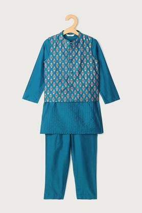 printed blended regular fit boys kurta pyjama jacket set - teal