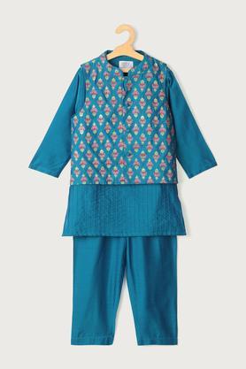 printed blended regular fit boys kurta pyjama jacket set - teal