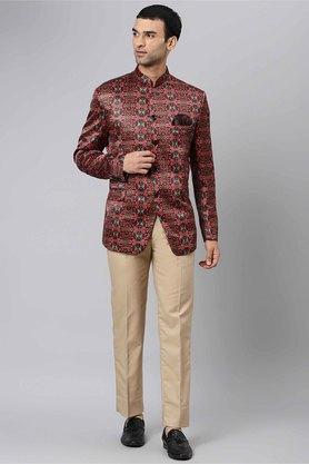 printed blended regular fit men's suit - d36beig brown