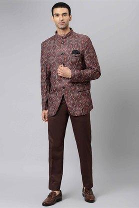 printed blended regular fit mens suit - d33choc brown