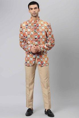 printed blended regular fit mens suit - d34beig orange