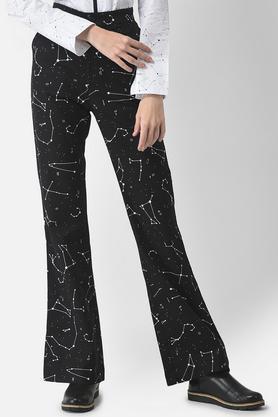 printed blended regular fit women's casual pants - black