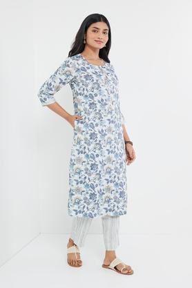 printed blended regular fit women's kurta set - indigo