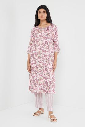printed blended regular fit women's kurta set - lilac