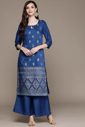 printed blended round neck women's kurta palazzo set - teal