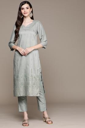 printed blended round neck women's kurta pant set - grey