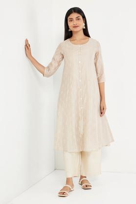 printed blended round neck women's kurti - off white