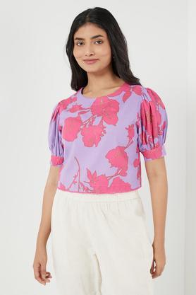 printed blended round neck women's top - lilac