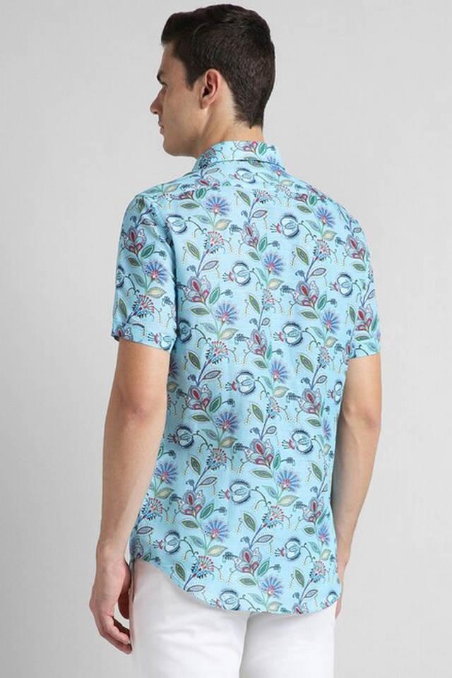 printed blended slim fit men's casual shirt - blue