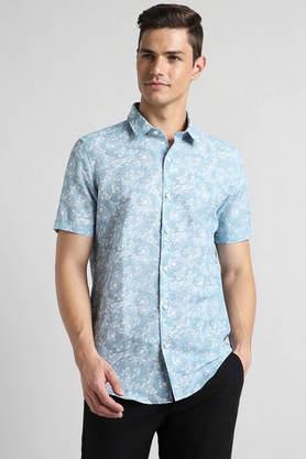 printed blended slim fit men's casual shirt - blue
