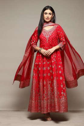 printed blended sweetheart neck women's churidar kurta dupatta set - red