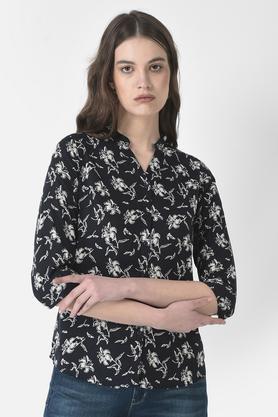 printed blended v neck women's casual shirt - navy