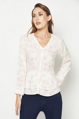 printed blended v neck women's casual shirt - pink