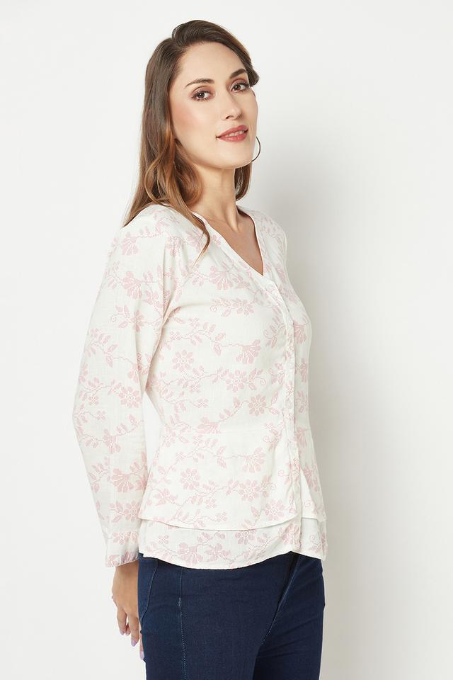 printed blended v neck womens casual shirt