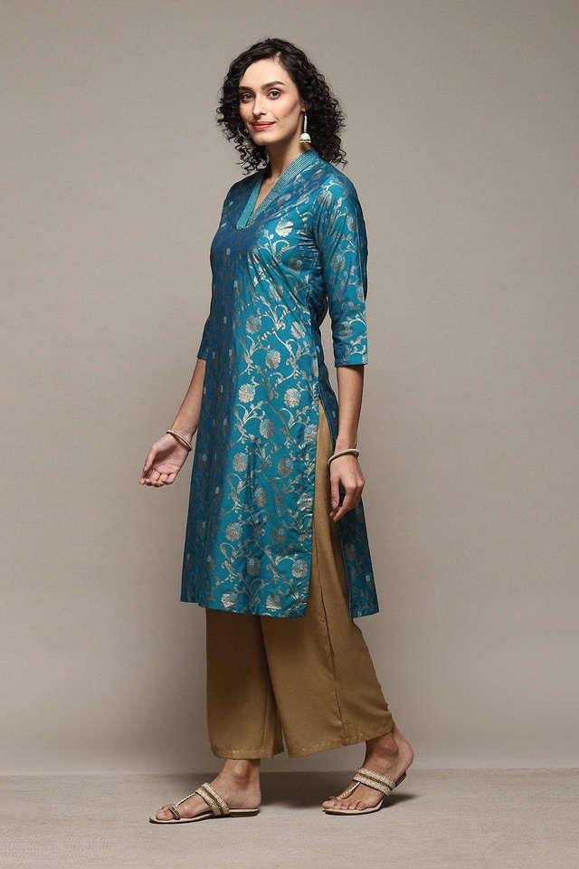 printed blended v neck womens kurta