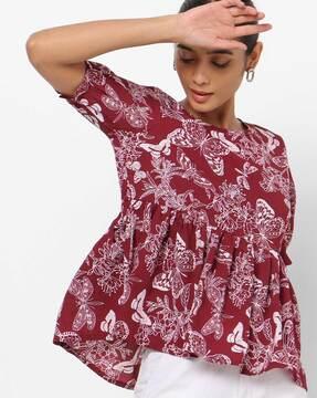 printed blouse top with ruffled hemline