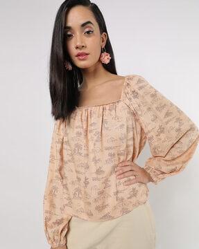 printed blouse with puff sleeves