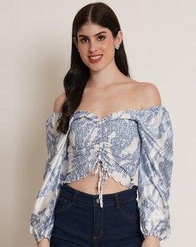 printed blouson crop-top with smocked detail