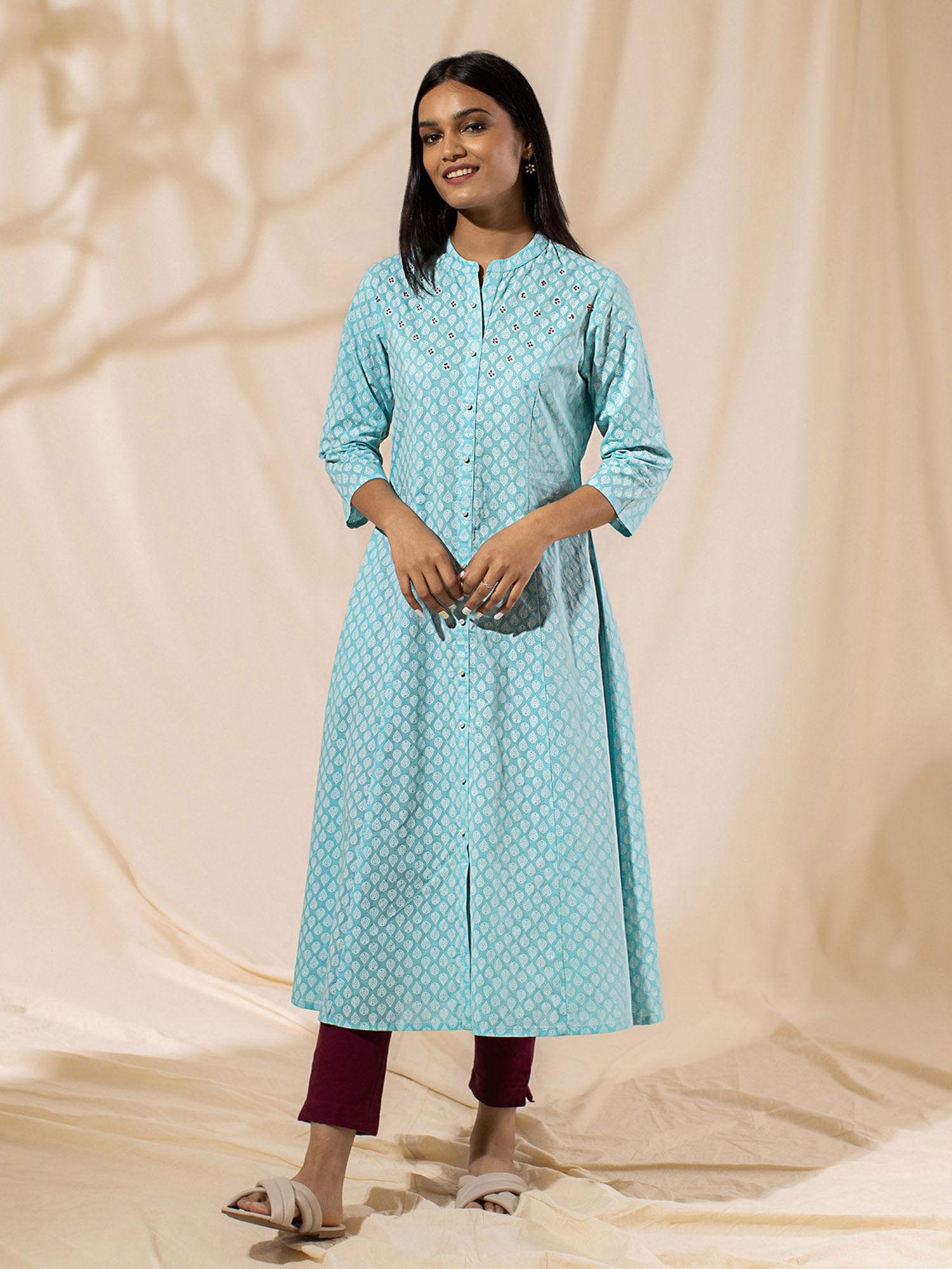 printed blue button down kurta likkur37