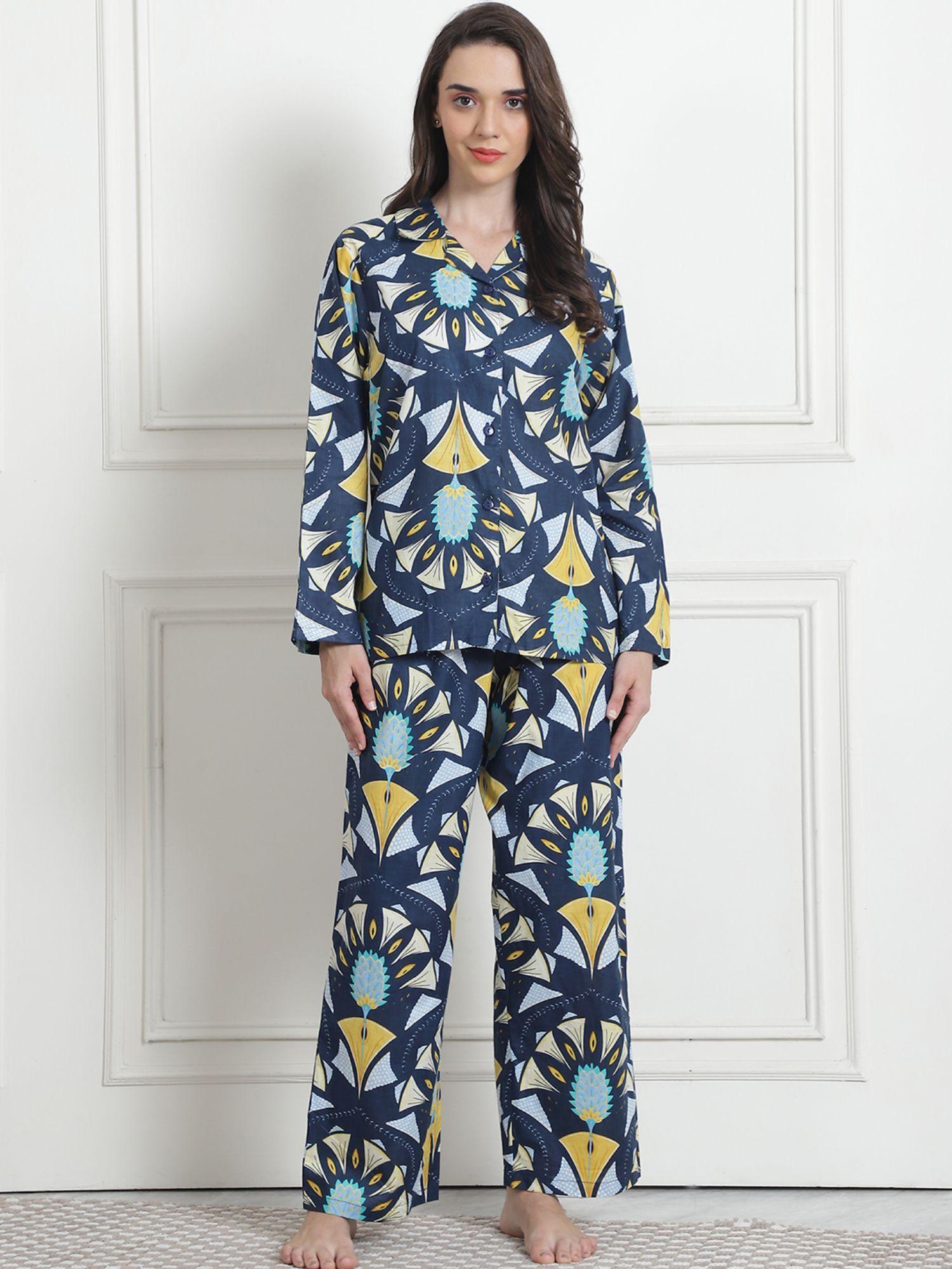 printed blue cotton night suit (set of 2)