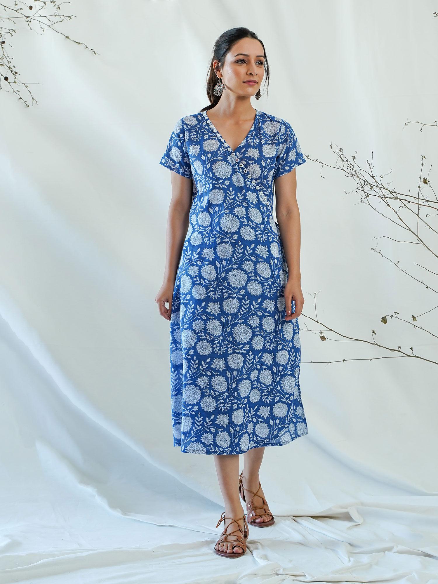 printed blue long wrap dress with mirrors