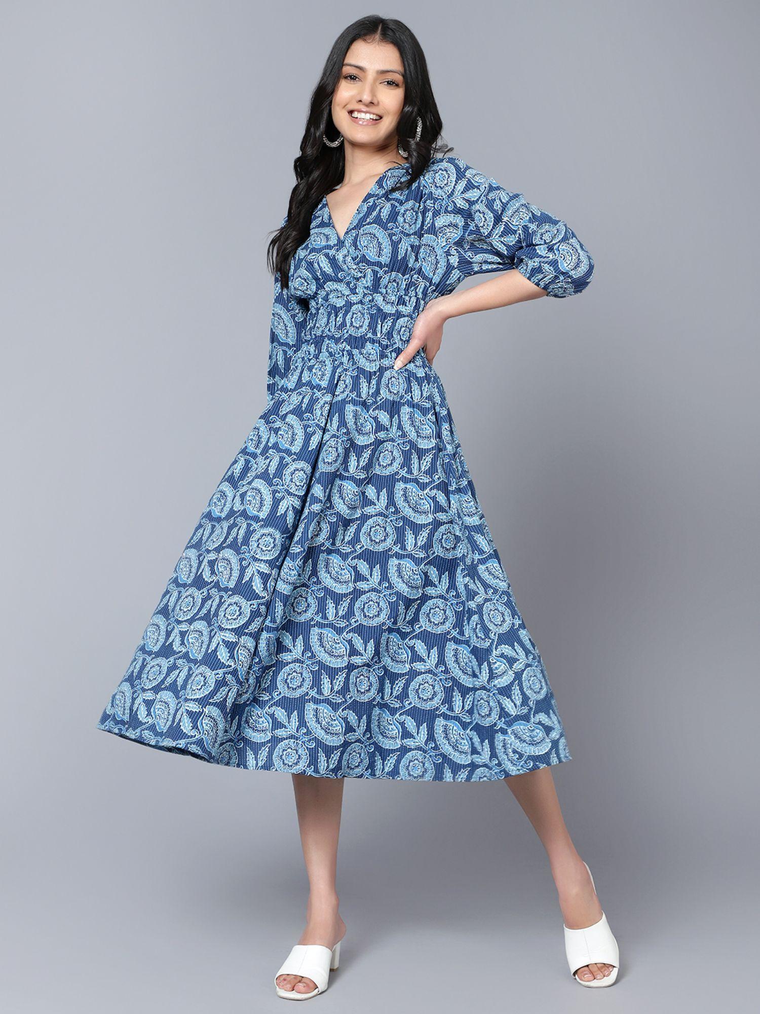 printed blue midi dress