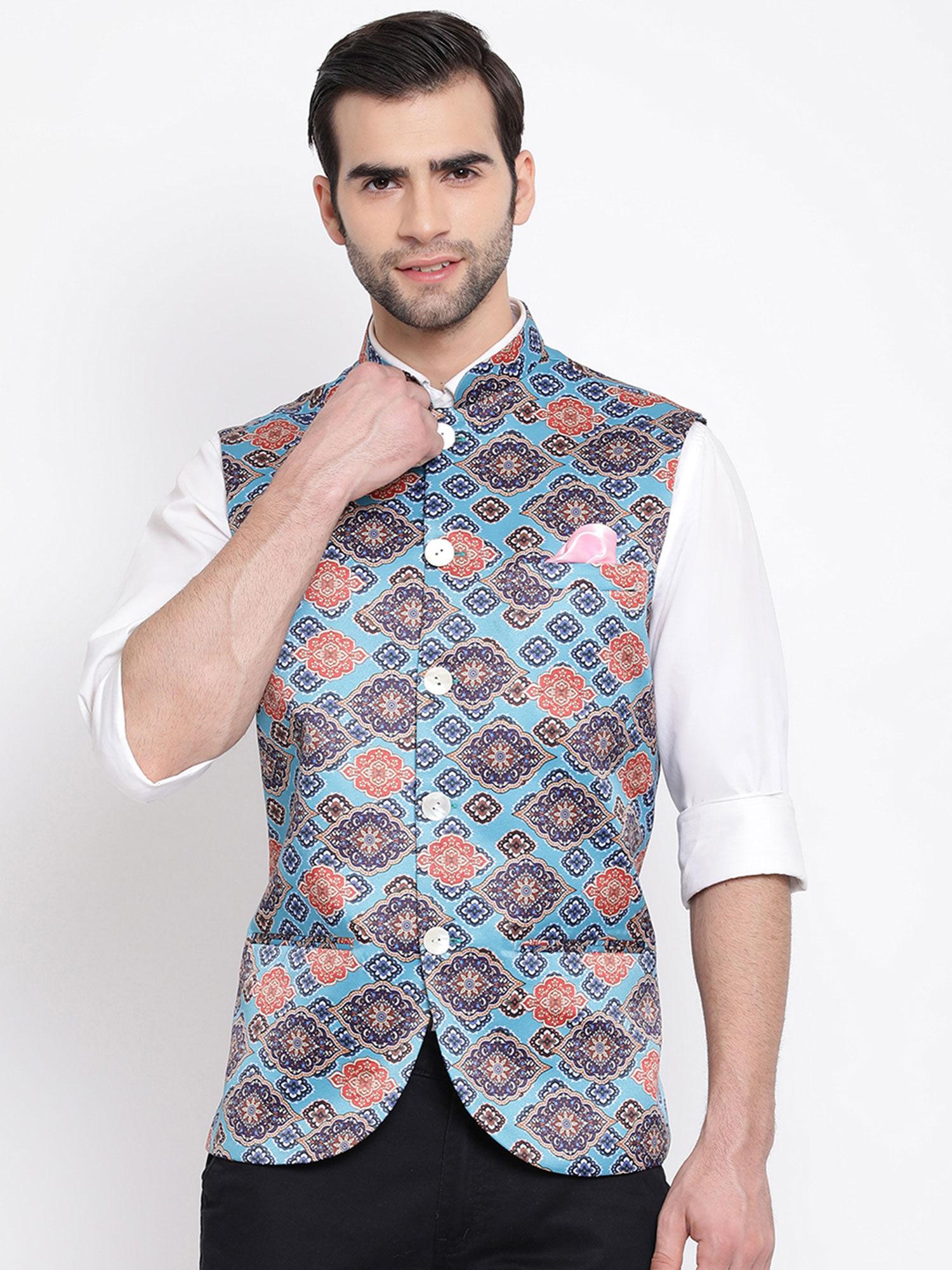 printed blue nehru jacket