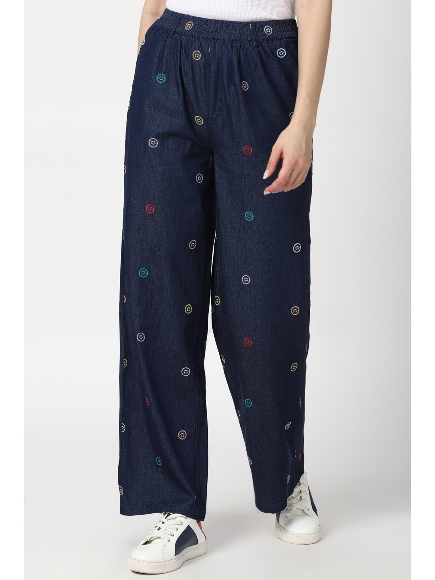 printed blue trousers