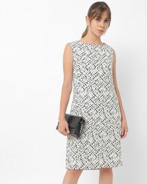 printed boat-neck a-line dress