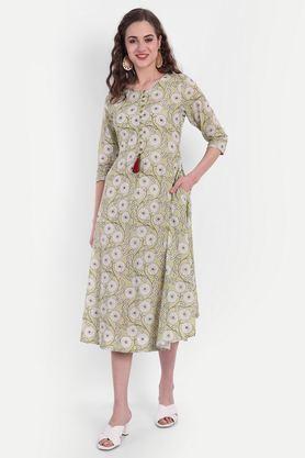 printed boat neck cotton women's ankle length dress - green