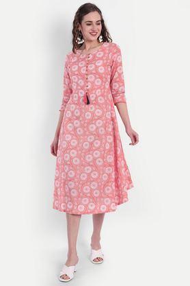 printed boat neck cotton women's ankle length dress - peachy pink