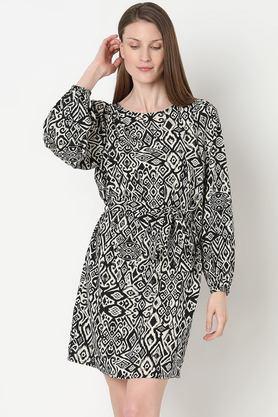 printed boat neck polyester women's above knee a line dress - natural