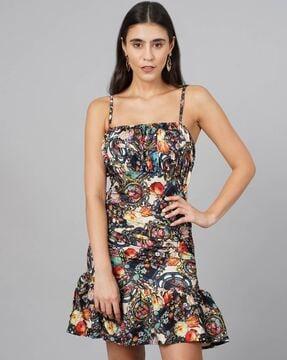 printed bodycon dress with strappy sleeves