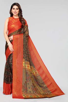 printed brasso party wear women's saree - black