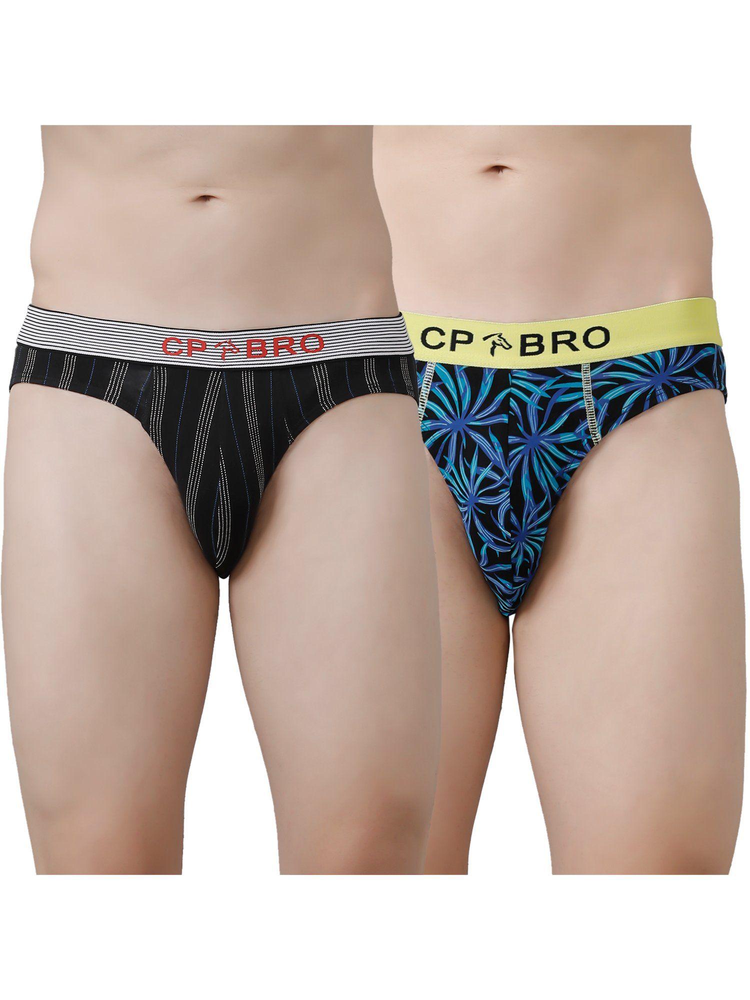printed briefs with exposed waistband value - black stripe & blue leaf (pack of 2)