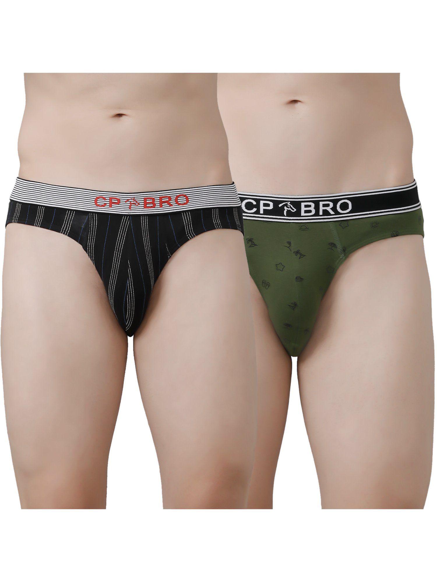 printed briefs with exposed waistband value - black stripe & olive green (pack of 2)
