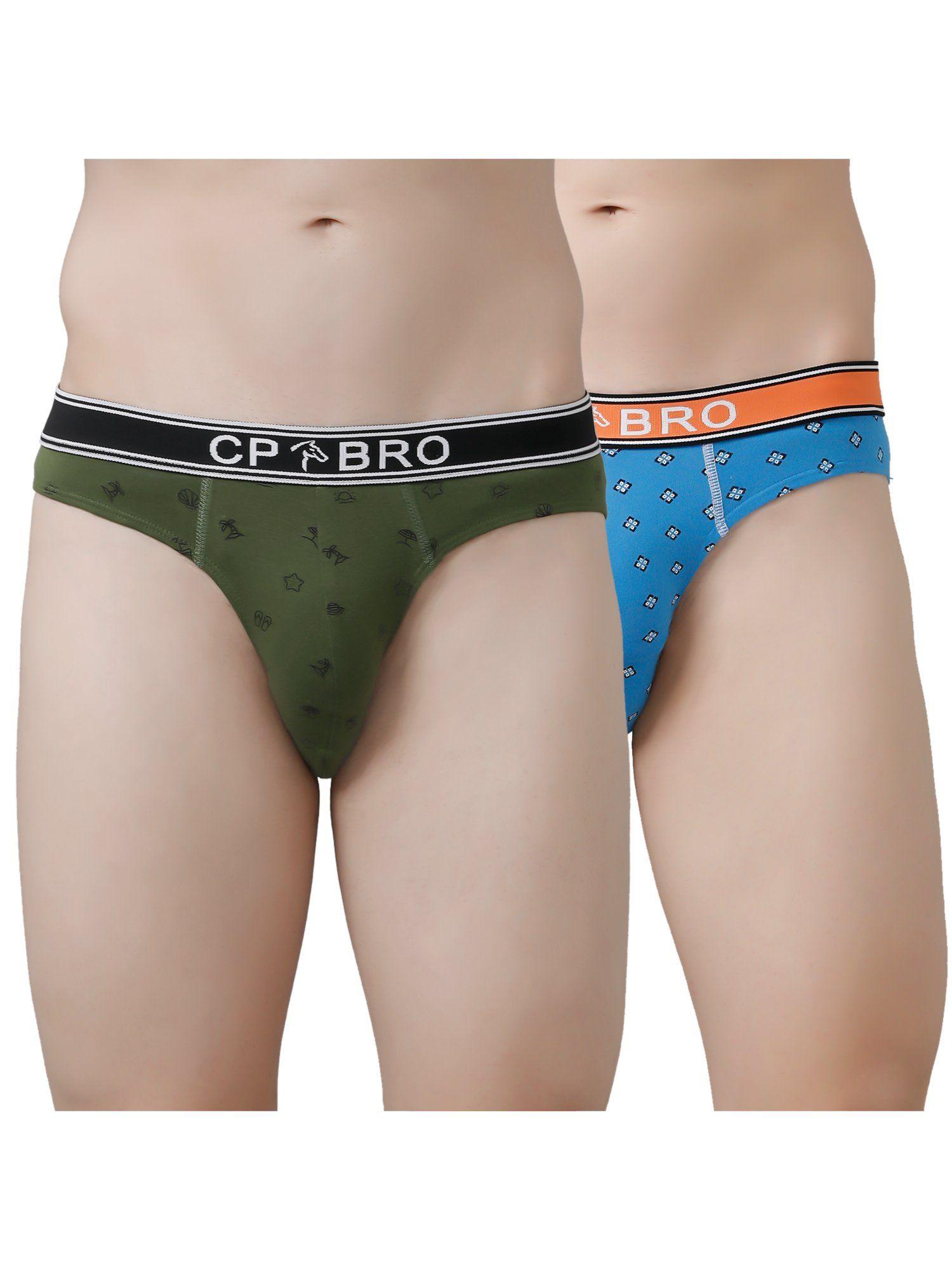 printed briefs with exposed waistband value - olive green & blue (pack of 2)