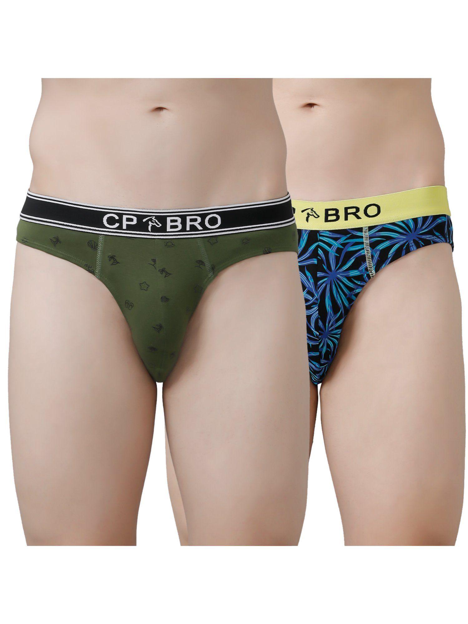 printed briefs with exposed waistband value - olive green & blue leaf (pack of 2)